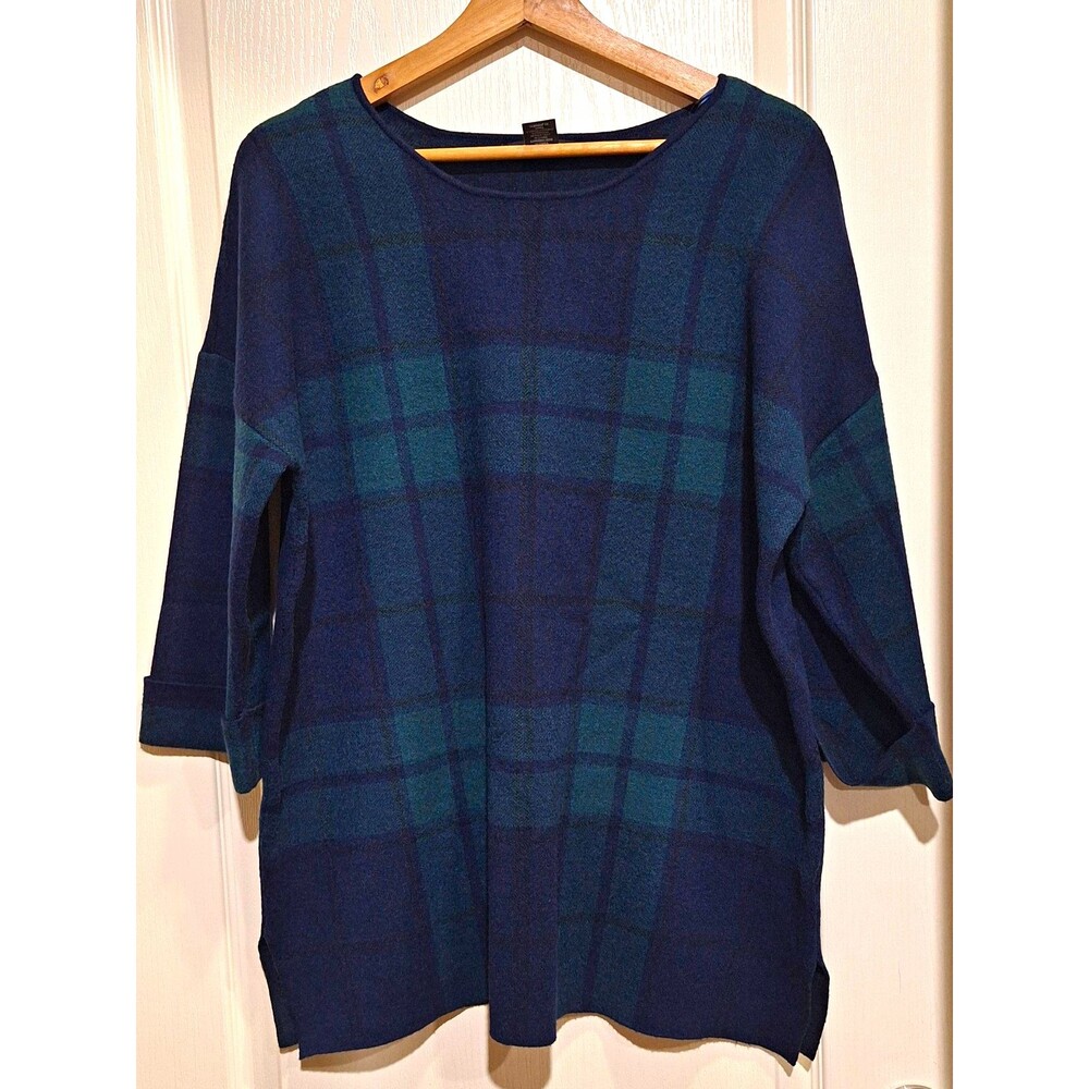 Tahari 2X Plus Blue Green Plaid Knit Tunic Sweetwater Academic Preppy 3/4 Sleeve